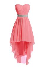 Unique Watermelon Red Sweetheart Neckline Belt Homecoming Dress Sleeveless Lace Up