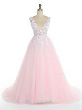  With Train Pink Dress for Prom Tulle Sweep Train Sleeveless Appliques