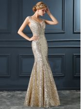  Mermaid Sequins Prom Gown Champagne Zipper Sleeveless Floor Length