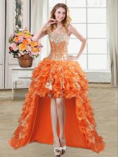 Sophisticated Orange Lace Up Sweetheart Beading and Ruffles and Sequins Organza Sleeveless