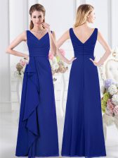 Low Price Royal Blue Chiffon Zipper V-neck Sleeveless Floor Length Quinceanera Court of Honor Dress Ruffles and Ruching