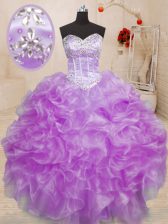 Free and Easy Sleeveless Organza Floor Length Lace Up 15 Quinceanera Dress in Lilac with Beading and Ruffles