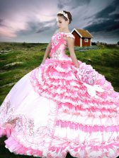  One Shoulder Ruffled Floor Length Ball Gowns Sleeveless Pink And White Quince Ball Gowns Lace Up