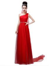 Amazing One Shoulder Coral Red Empire Sashes ribbons and Belt Prom Party Dress Side Zipper Chiffon Sleeveless Floor Length