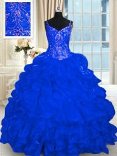 Modest Royal Blue Vestidos de Quinceanera Organza Brush Train Sleeveless Beading and Embroidery and Ruffles and Pick Ups
