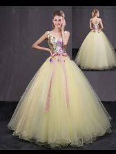 Dazzling Floor Length Light Yellow Quinceanera Gowns V-neck Sleeveless Lace Up