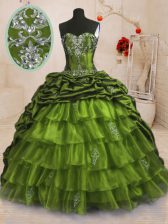 Chic Pick Ups Ruffled Sweep Train Ball Gowns Sweet 16 Dress Olive Green Sweetheart Organza and Taffeta Sleeveless With Train Lace Up