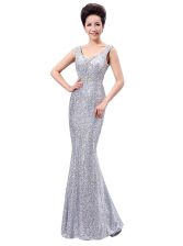  Sequins Floor Length Column/Sheath Sleeveless Silver Prom Party Dress Zipper