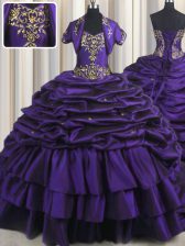 Charming Taffeta Sleeveless With Train Quinceanera Gowns Brush Train and Beading and Appliques and Pick Ups