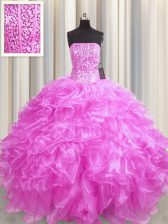  Visible Boning Organza Sleeveless Floor Length Quinceanera Gown and Beading and Ruffles