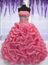 Comfortable Floor Length Rose Pink Quinceanera Gowns Strapless Sleeveless Lace Up