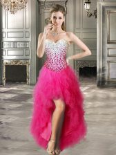  High Low Hot Pink Homecoming Dress Tulle Sleeveless Beading and Ruffles