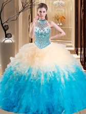  Halter Top Tulle Sleeveless Floor Length 15 Quinceanera Dress and Beading and Ruffles