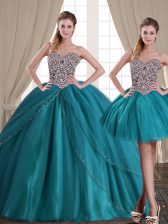 Artistic Three Piece Teal Ball Gowns Sweetheart Sleeveless Tulle With Brush Train Lace Up Beading Quinceanera Gown