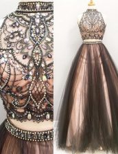  Brown Zipper Dress for Prom Beading and Ruching Sleeveless Floor Length