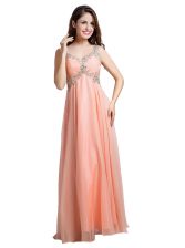  Sleeveless Organza Floor Length Backless Homecoming Dress in Peach with Beading