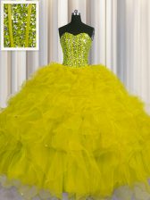  Visible Boning Yellow Sweetheart Lace Up Beading and Ruffles and Sequins Quinceanera Dress Sleeveless