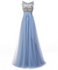 Edgy Scoop Beading and Bowknot Prom Party Dress Blue Backless Sleeveless Floor Length