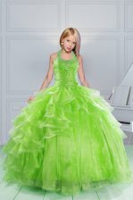  Halter Top Sleeveless Little Girls Pageant Dress Floor Length Beading and Ruching Apple Green Organza