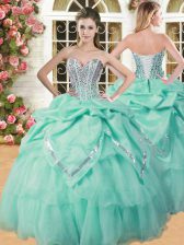 On Sale Apple Green Organza Lace Up Sweetheart Sleeveless Floor Length Quinceanera Dress Beading and Pick Ups