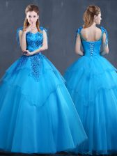 Decent V-neck Sleeveless Sweet 16 Dresses Floor Length Appliques Baby Blue Tulle