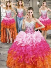 Discount Four Piece Floor Length Lace Up Quinceanera Dress Multi-color for Military Ball and Sweet 16 and Quinceanera with Beading