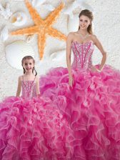  Hot Pink Sleeveless Floor Length Beading and Ruffles Lace Up Sweet 16 Dresses
