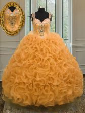 Perfect Orange Ball Gowns Beading and Ruffles Sweet 16 Quinceanera Dress Zipper Organza Sleeveless Floor Length