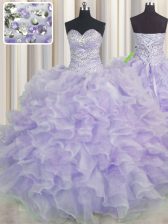 Artistic Floor Length Lavender 15th Birthday Dress Sweetheart Sleeveless Lace Up