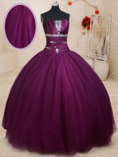 Adorable Dark Purple Lace Up Strapless Beading Quinceanera Gown Tulle Sleeveless