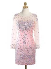  Scoop Long Sleeves Prom Dresses Mini Length Beading Pink Elastic Woven Satin