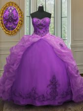  Purple Ball Gowns Organza Sweetheart Sleeveless Beading and Appliques and Pick Ups With Train Lace Up Quinceanera Gown Court Train