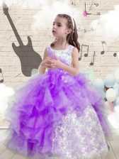 Graceful Organza Scoop Sleeveless Lace Up Beading and Ruffled Layers Little Girl Pageant Gowns in Eggplant Purple