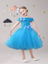 Stylish Ball Gowns Toddler Flower Girl Dress Blue Off The Shoulder Tulle Short Sleeves Tea Length Zipper