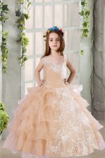  Champagne Sleeveless Floor Length Lace and Ruffled Layers Zipper Kids Formal Wear