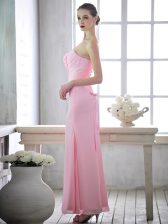  One Shoulder Baby Pink Sleeveless Ruching and Hand Made Flower Ankle Length Prom Dress