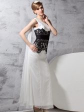 White And Black Column/Sheath Chiffon One Shoulder Sleeveless Lace Floor Length Side Zipper Dress for Prom