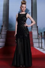 Amazing Scoop Sleeveless Evening Dress Floor Length Beading and Lace and Hand Made Flower Black Satin