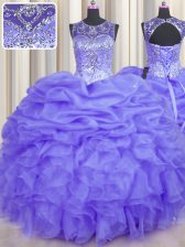  See Through Sleeveless Organza Floor Length Lace Up Sweet 16 Quinceanera Dress in Lavender with Beading and Ruffles and Pick Ups