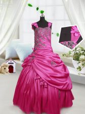 Exquisite Hot Pink Lace Up Straps Beading and Pick Ups Little Girls Pageant Dress Wholesale Satin Sleeveless