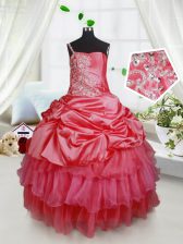  Red Ball Gowns Organza and Taffeta Spaghetti Straps Sleeveless Beading and Ruffled Layers Floor Length Lace Up Girls Pageant Dresses