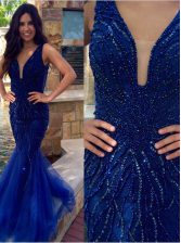  Royal Blue Mermaid V-neck Sleeveless Tulle Floor Length Zipper Sequins Homecoming Dress