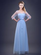 Elegant Tulle Half Sleeves Floor Length Damas Dress and Ruching and Bowknot