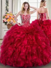  Red Sweetheart Lace Up Beading and Ruffles Vestidos de Quinceanera Brush Train Sleeveless