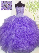 Romantic Lavender Ball Gowns Organza Sweetheart Sleeveless Beading and Ruffles and Pick Ups Floor Length Lace Up Sweet 16 Dress