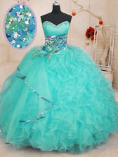New Arrival Aqua Blue Sweetheart Lace Up Beading and Ruffles Ball Gown Prom Dress Sleeveless