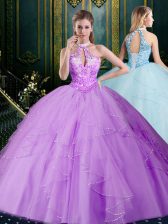 Suitable Halter Top Sleeveless Lace Up 15 Quinceanera Dress Lavender Tulle