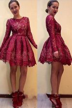 Ideal Scoop Red Zipper Evening Dress Lace Long Sleeves Knee Length