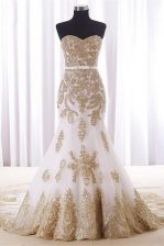 Edgy Mermaid White Sleeveless Brush Train Lace and Appliques and Embroidery With Train Dress for Prom