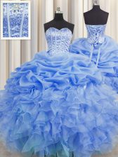  Visible Boning Sleeveless Organza Floor Length Lace Up Vestidos de Quinceanera in Blue with Beading and Ruffles and Pick Ups